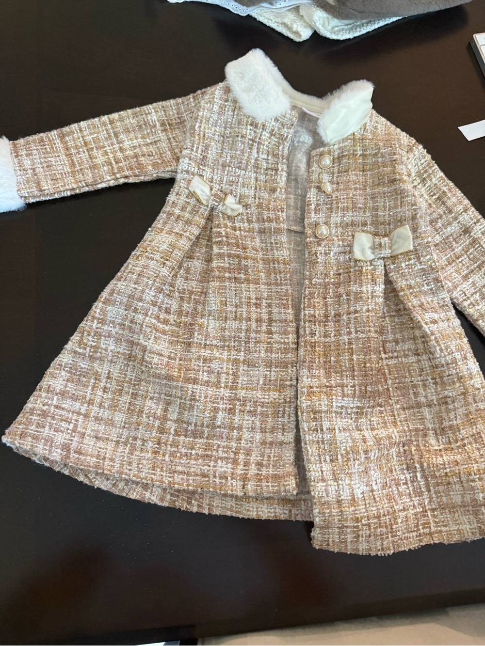Blueberi Boulevard Cream & Pink Tweed Girl’s Coat with Faux Fur Collar